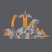 Dark gray T-shirt featuring a large centered orange rocket flanked by geometric Dinobot shapes.