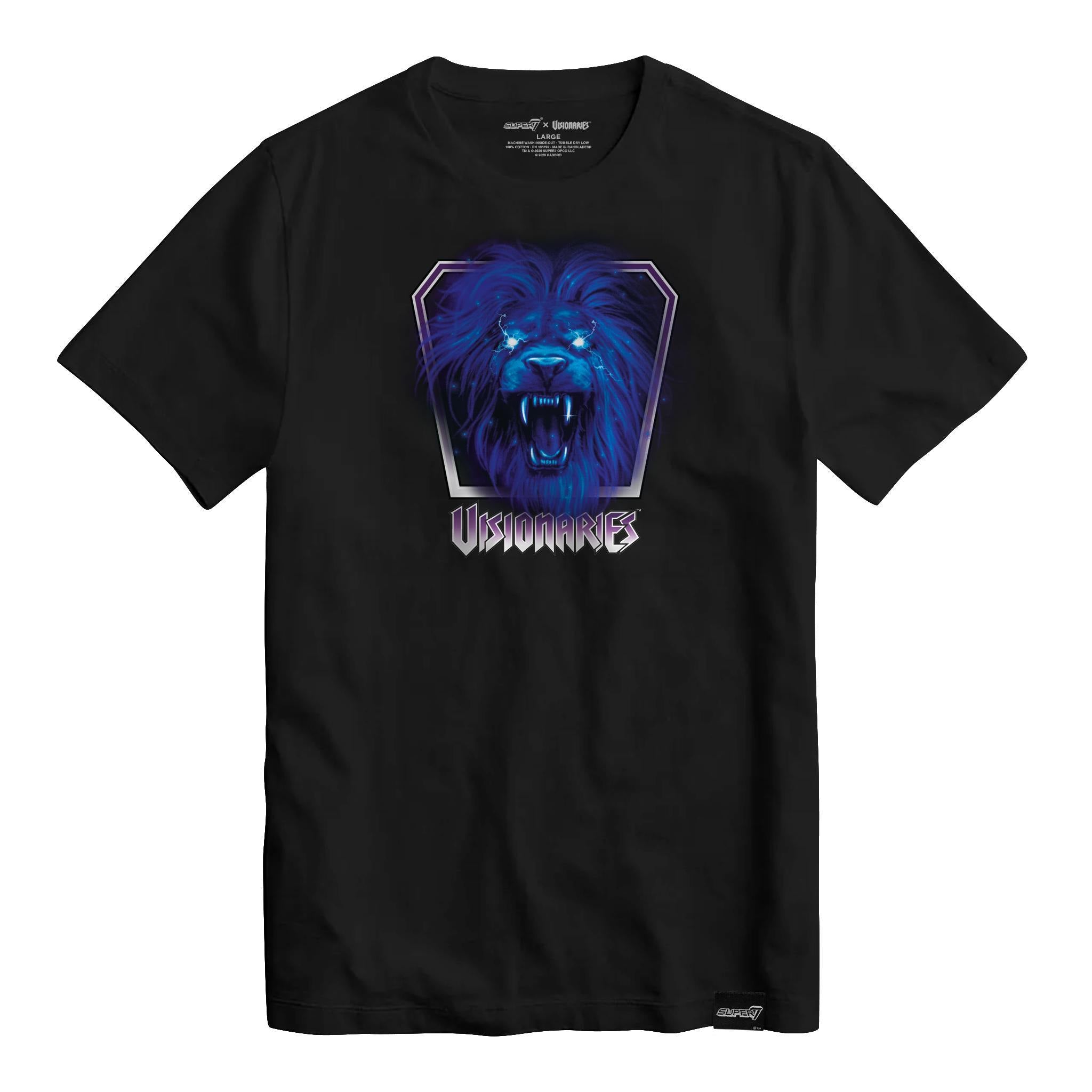 Black Visionaries t shirt featuring a blue lion crest within a silver shield