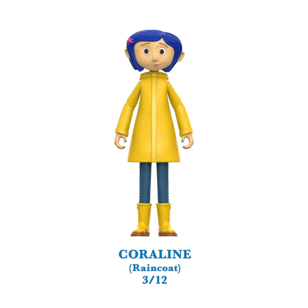 Coraline figure in a yellow raincoat with blue pants and yellow boots.