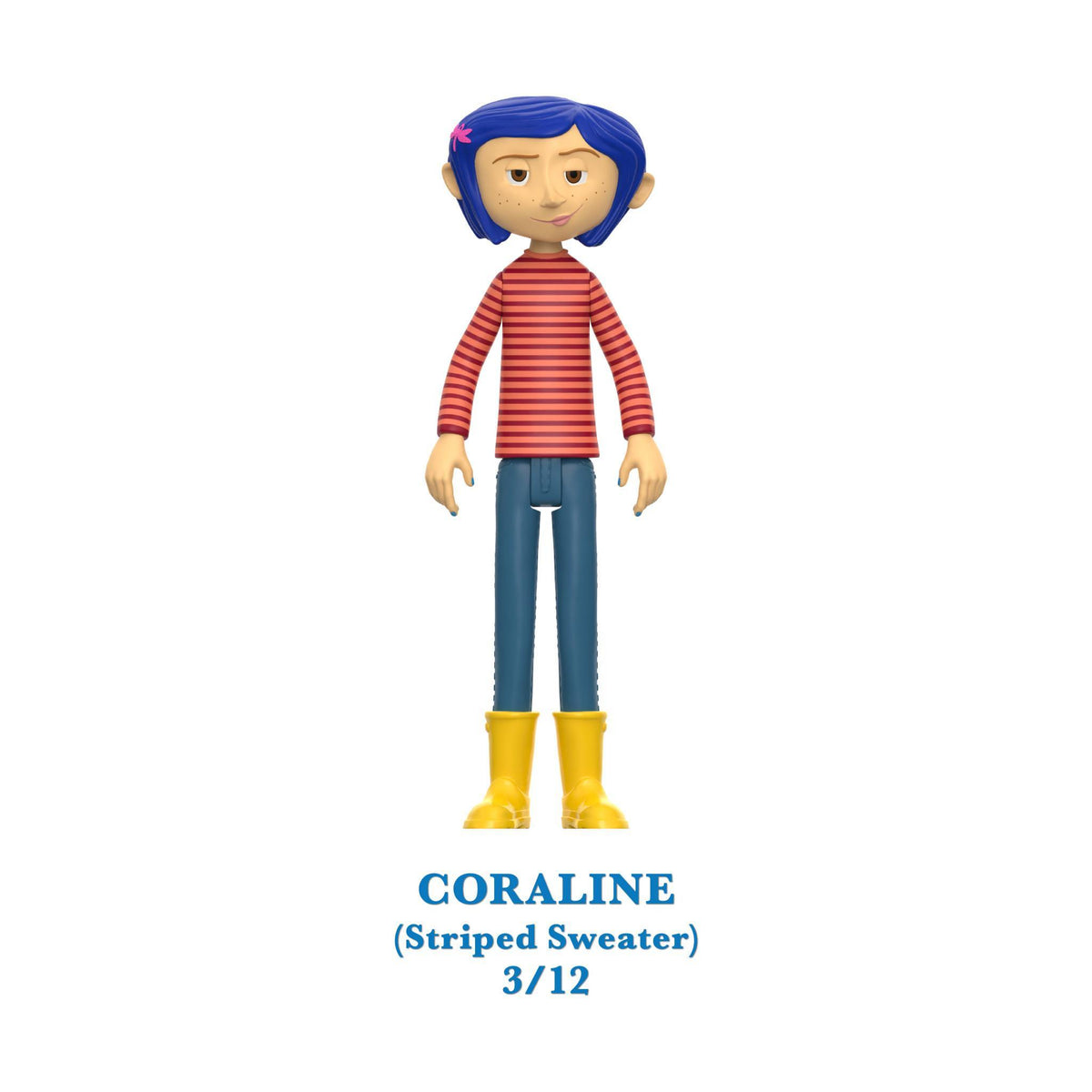 Coraline figure with blue hair wearing a yellow raincoat and striped shirt.