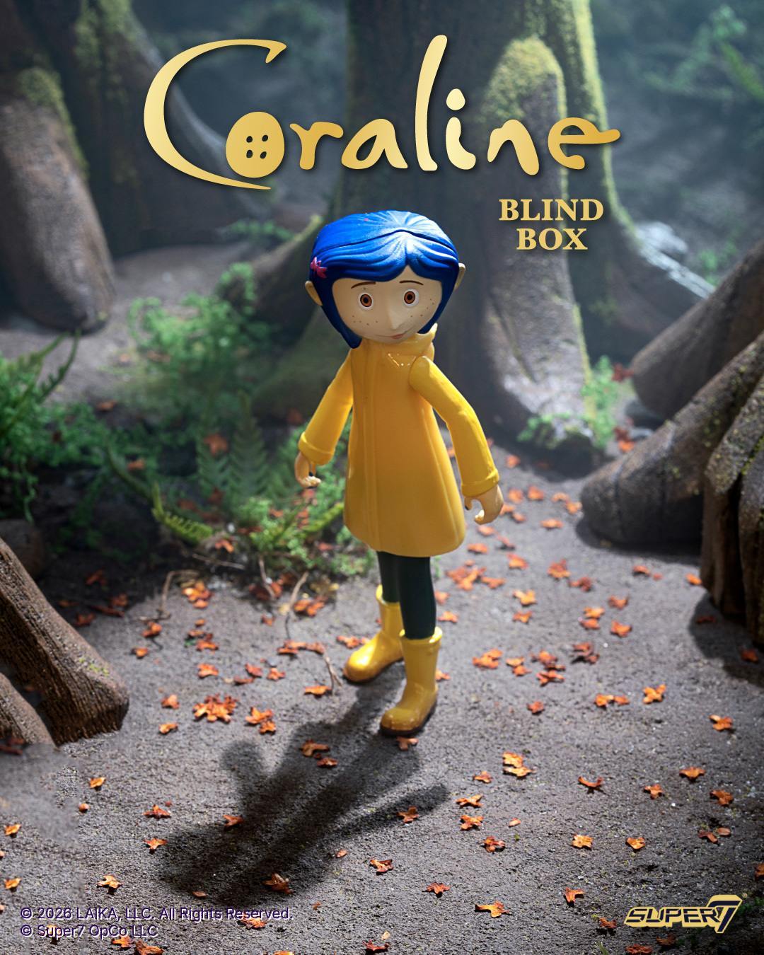 Coraline ReAction Wave 01 figure with blue hair in a yellow raincoat peeks from behind a tree in a forest setting.