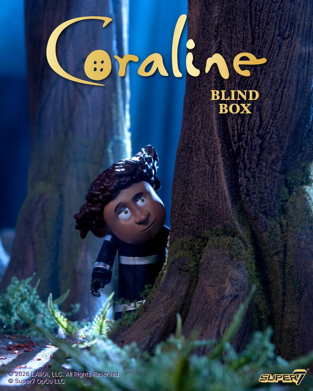 Wybie figure from Coraline ReAction Wave 01 peeks out from behind a tree in a mossy forest backdrop.