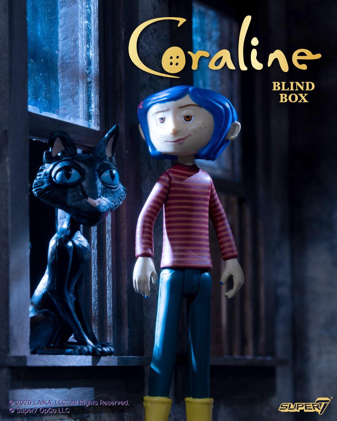 Single Coraline blind box figure with blue hair posed against a dark backdrop