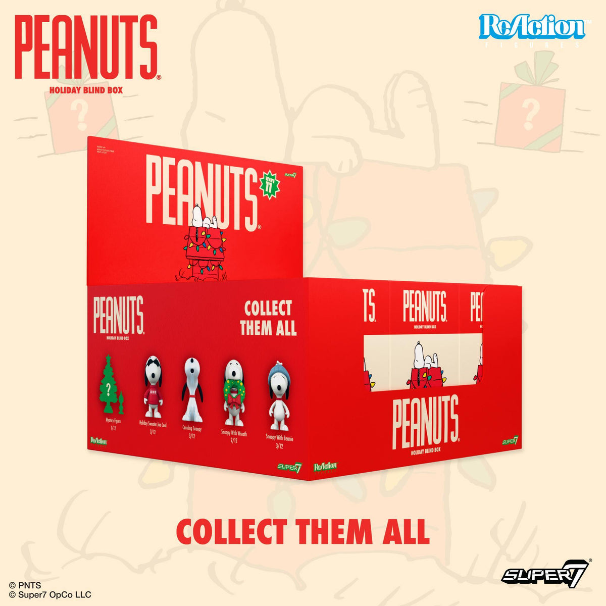 Peanuts ReAction Wave 11 Holiday display panel with Snoopy figures on red packaging.