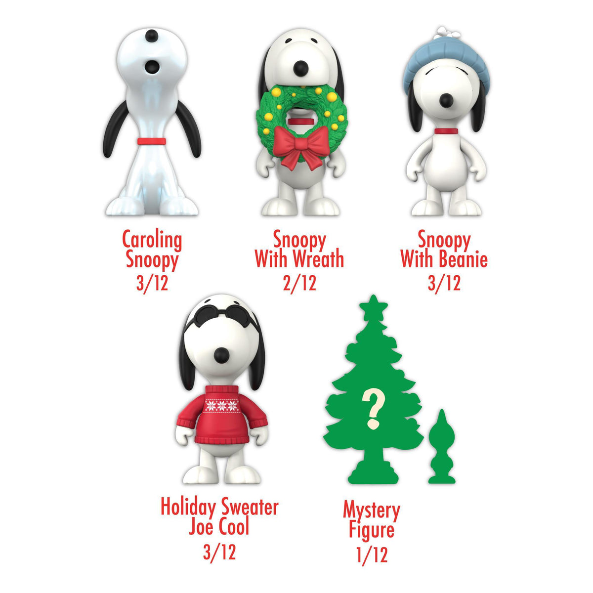 Three Snoopy figures from Peanuts ReAction Wave 11: Caroling Snoopy, Snoopy with wreath, and Snoopy with beanie