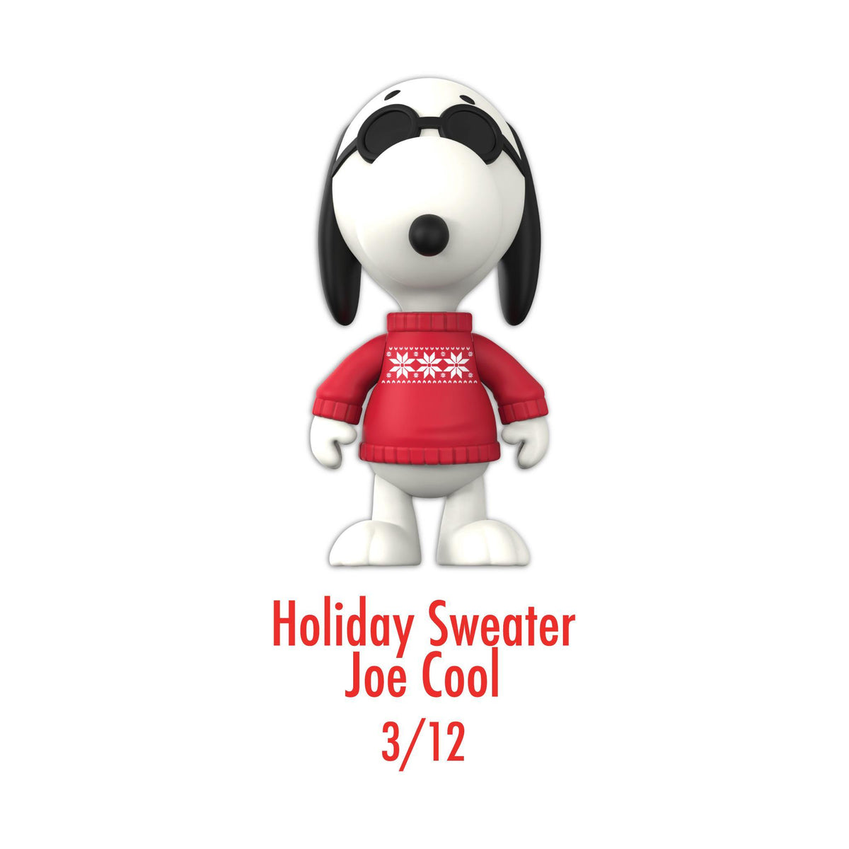 Snoopy figure in a red holiday sweater with black sunglasses perched on his head
