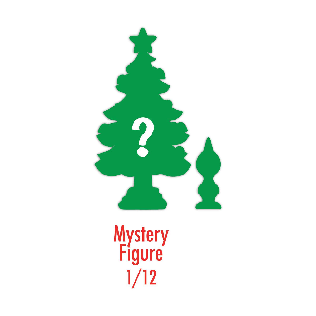 Green silhouette Christmas tree with a white question mark and Mystery Figure 1/12 text beneath