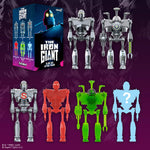 The Iron Giant Wave 01 blind box flat with boxed figure on left and chrome robots on a purple backdrop