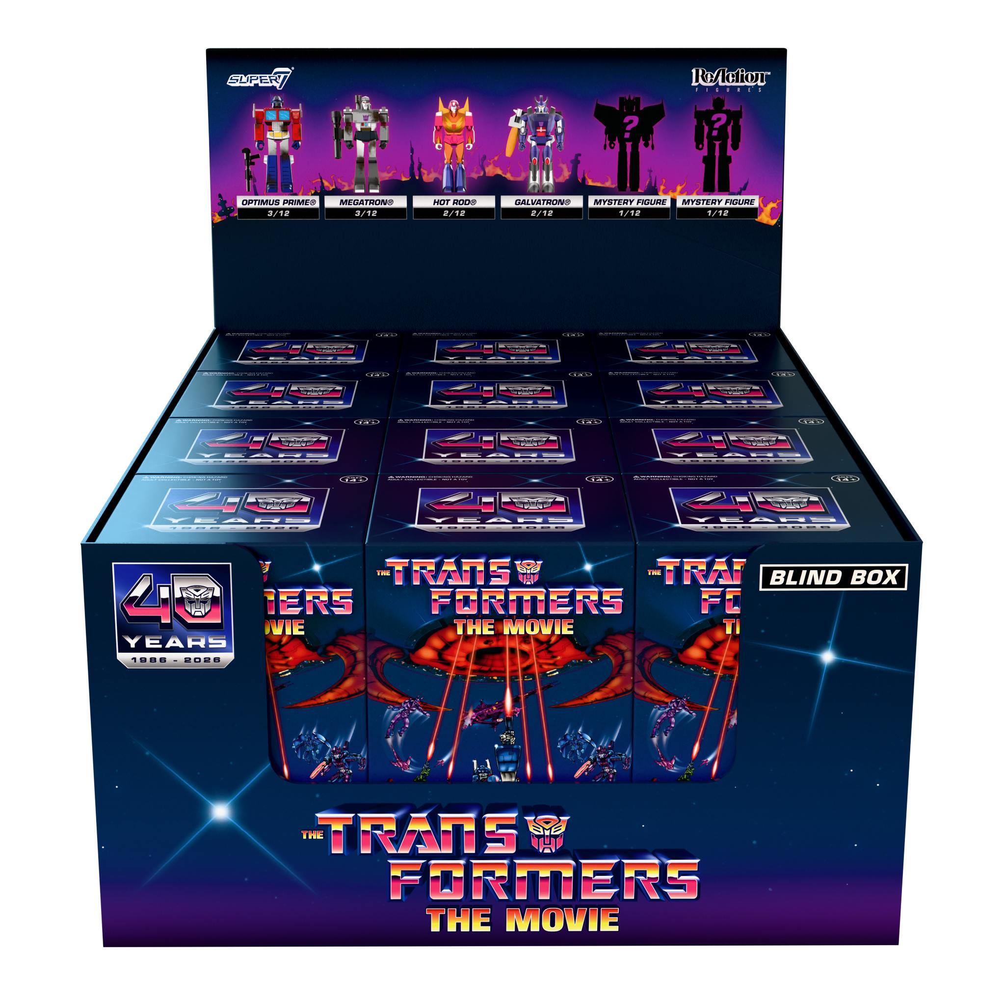Transformers The Movie 40th Anniversary ReAction Blind Box retail display fully stocked with twelve individual blind boxes