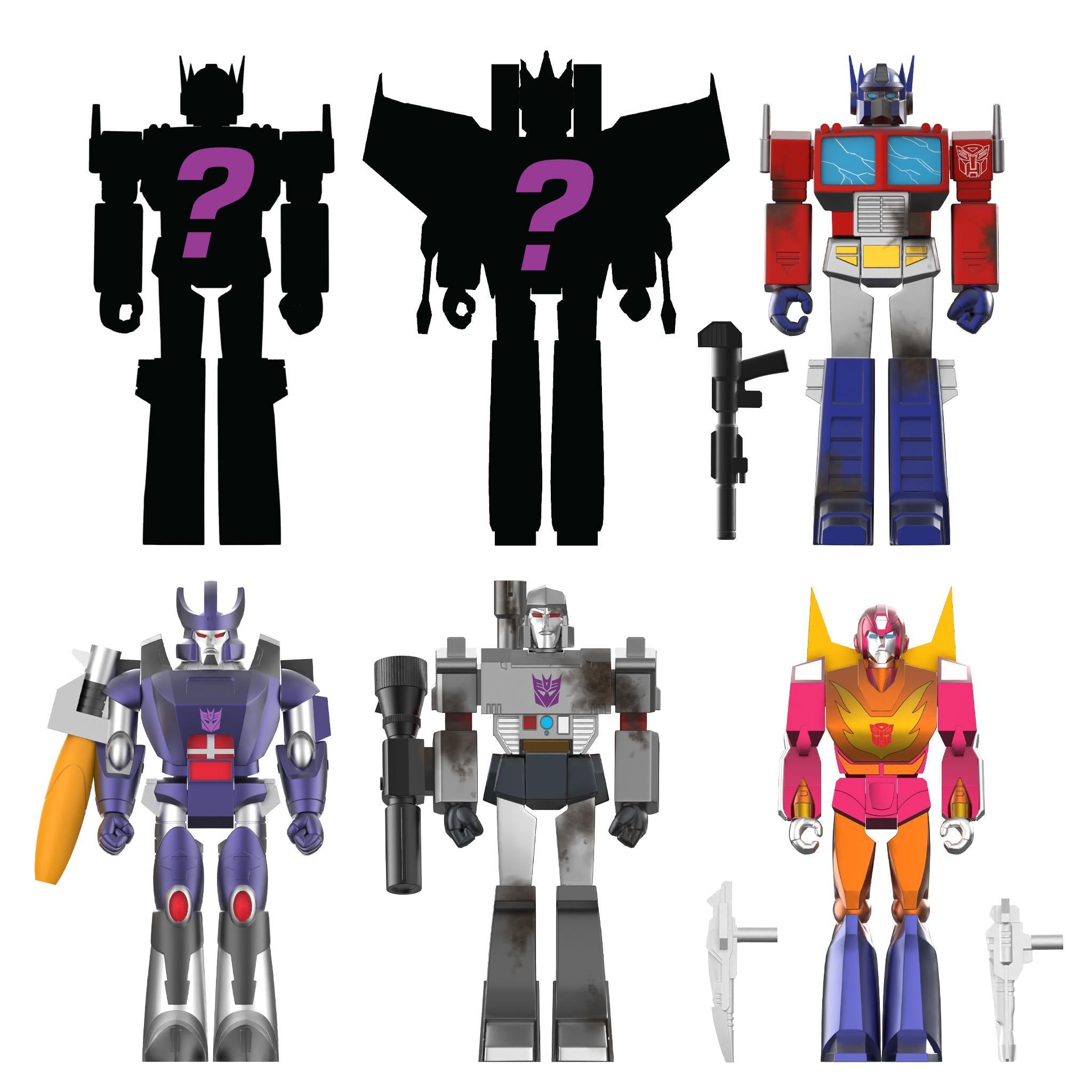 Transformers The Movie 40th Anniversary ReAction Figure lineup featuring Galvatron, Megatron, Optimus Prime, Hot Rod, and two mystery figure silhouettes
