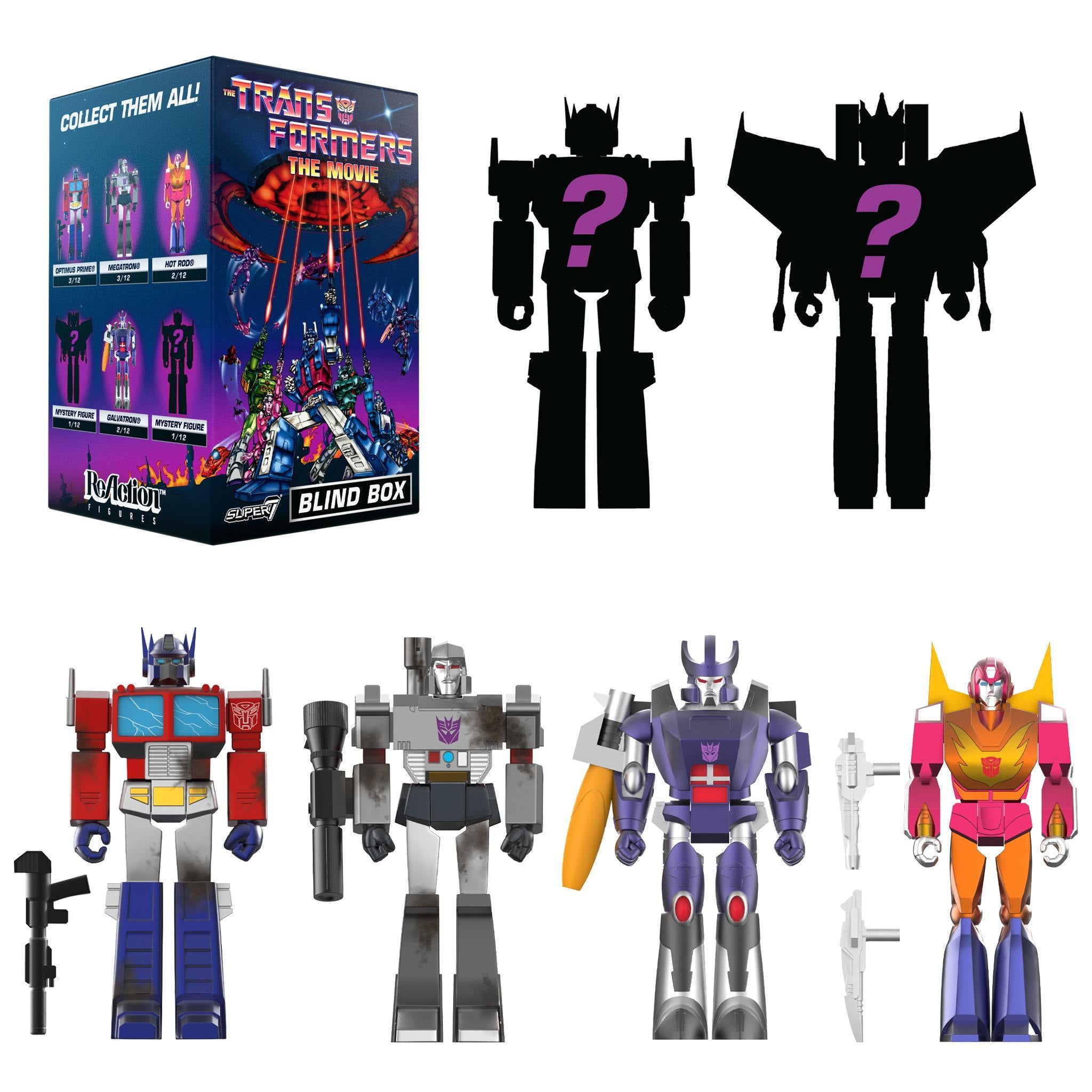 Transformers The Movie 40th Anniversary ReAction Blind Box with all four revealed figures and two mystery figure silhouettes