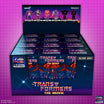 Transformers The Movie 40th Anniversary ReAction Blind Box retail display fully stocked with twelve individual blind boxes on pink grid background