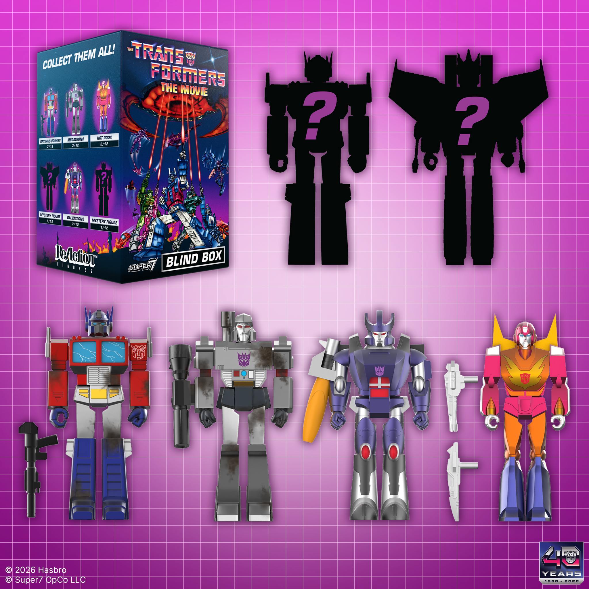 Transformers The Movie 40th Anniversary ReAction Blind Box with Optimus Prime, Megatron, Galvatron, Hot Rod, and two mystery figure silhouettes on pink grid background