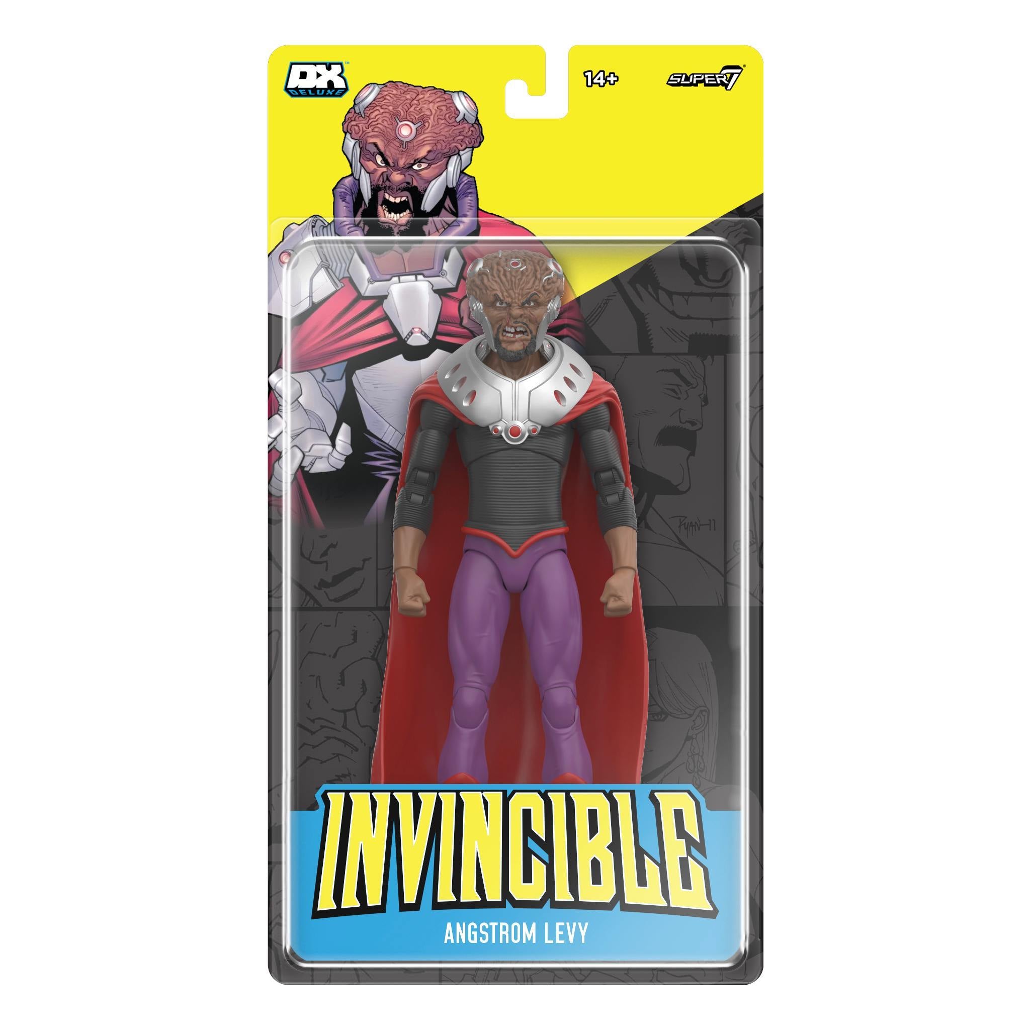 Front view of Invincible Angstrom Levy DX Deluxe action figure in blister card packaging