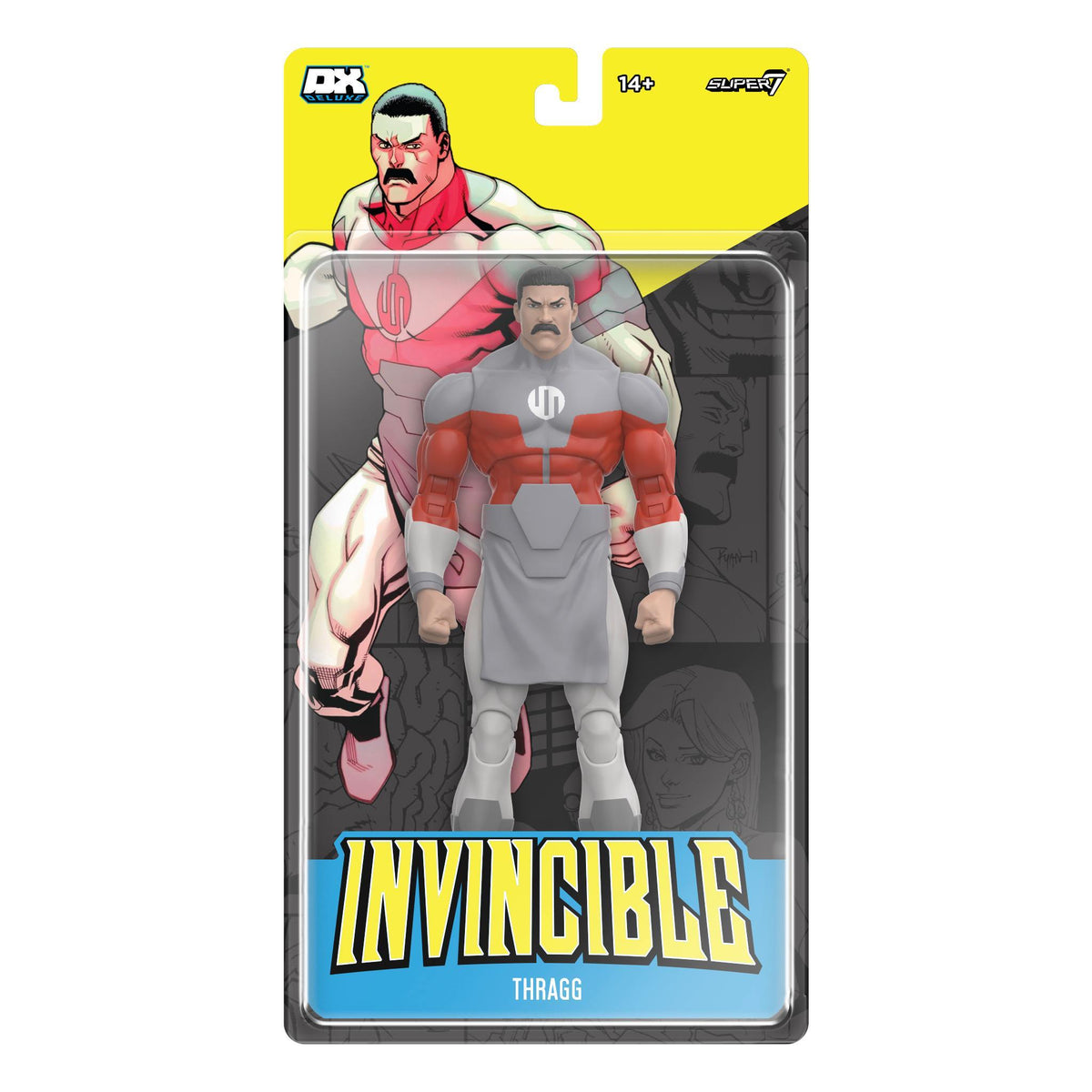 Front view of Invincible Thragg DX Deluxe action figure in blister card packaging