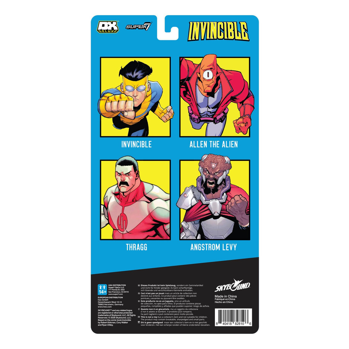 Back of Invincible DX Deluxe packaging showing Wave 1 characters: Invincible, Allen the Alien, Thragg, and Angstrom Levy