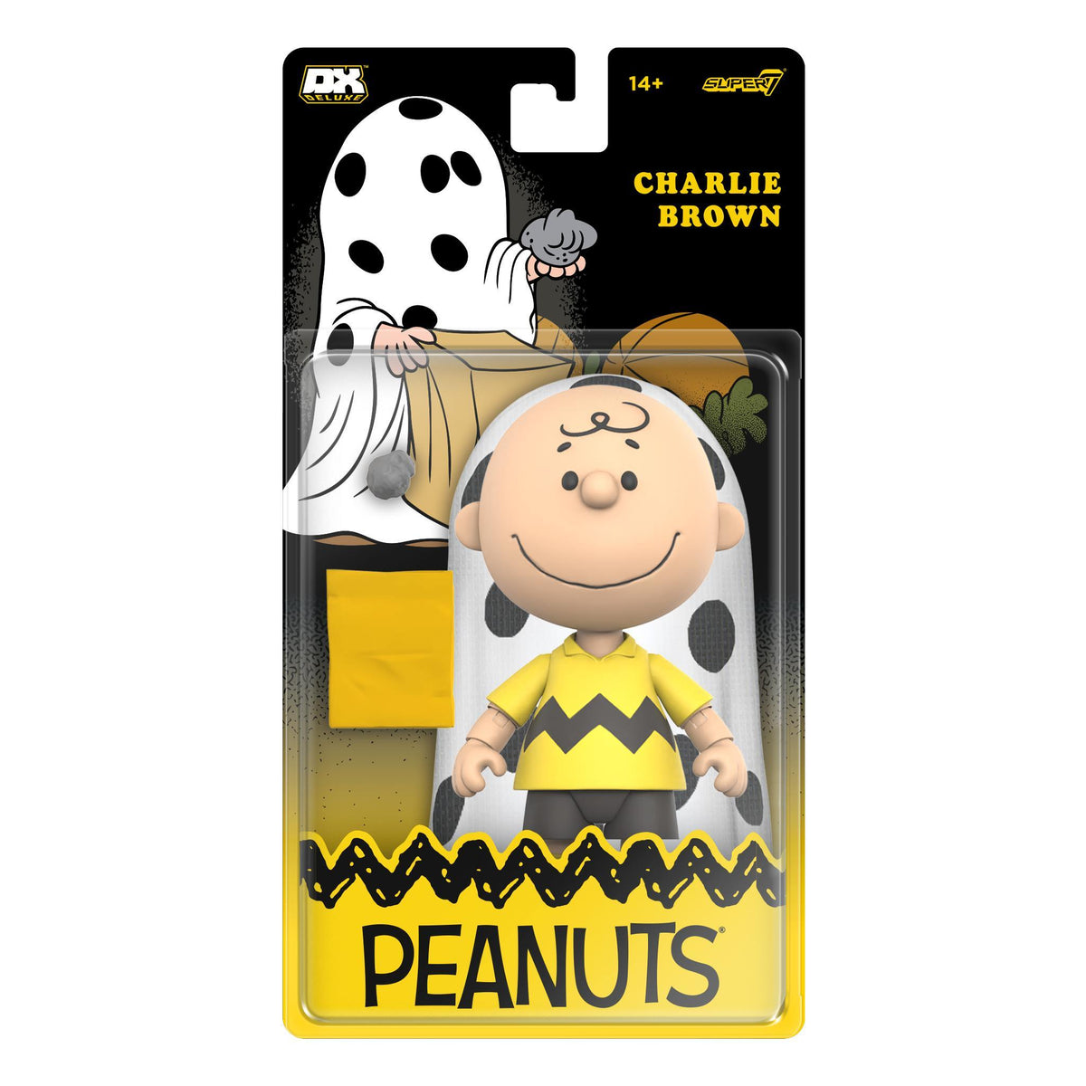Peanuts Deluxe Wave 01 Charlie Brown packaging with ghost sheet art featuring Charlie Brown smiling face