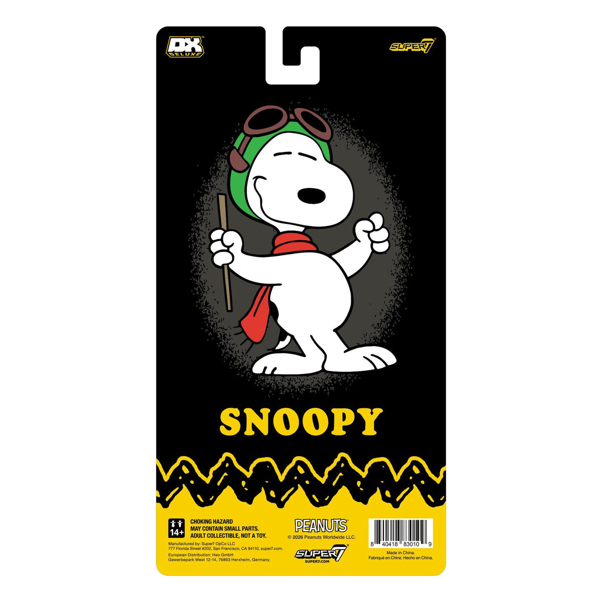 Snoopy wearing aviator goggles on black packaging card with the SNOOPY title at the bottom