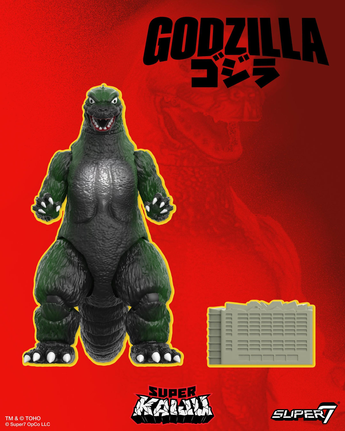 Vibrant red background with the Godzilla logo and a kaiju figure in the foreground