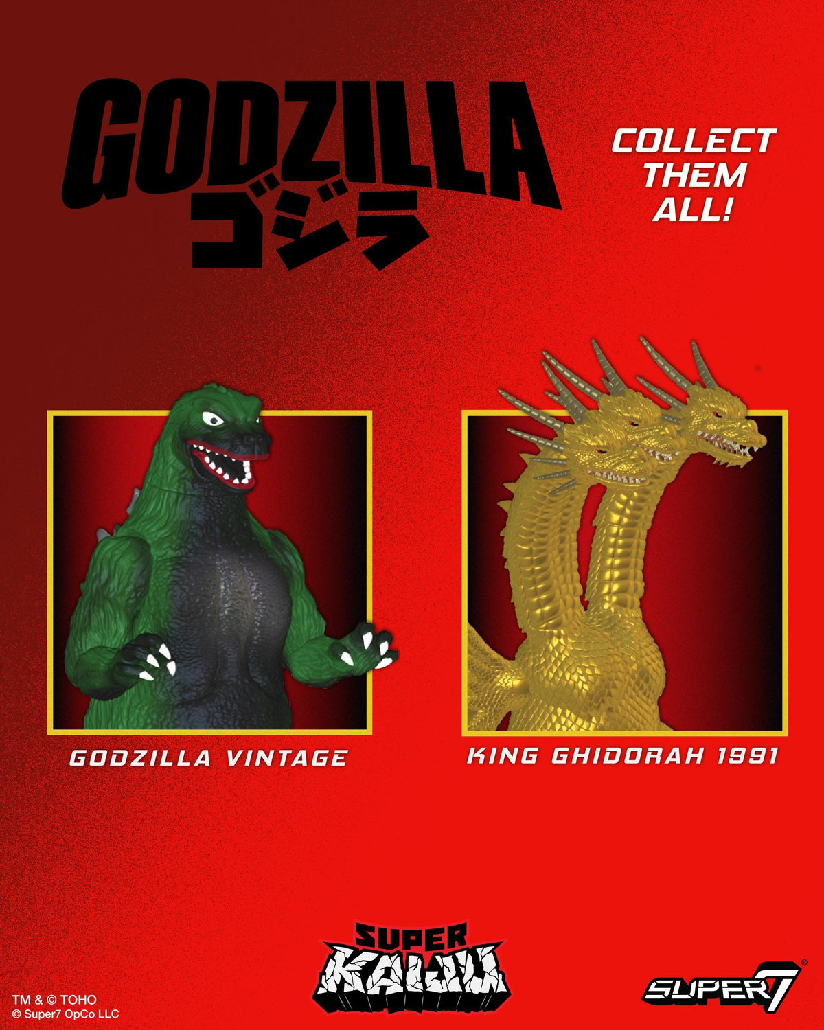 Godzilla Vintage and King Ghidorah 1991 figures on a red background with promotional logos and framed images