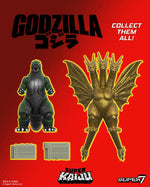 Red promotional backdrop with gold King Ghidorah heads and wings, a green Godzilla figure on the left, and gray bricks at the bottom.