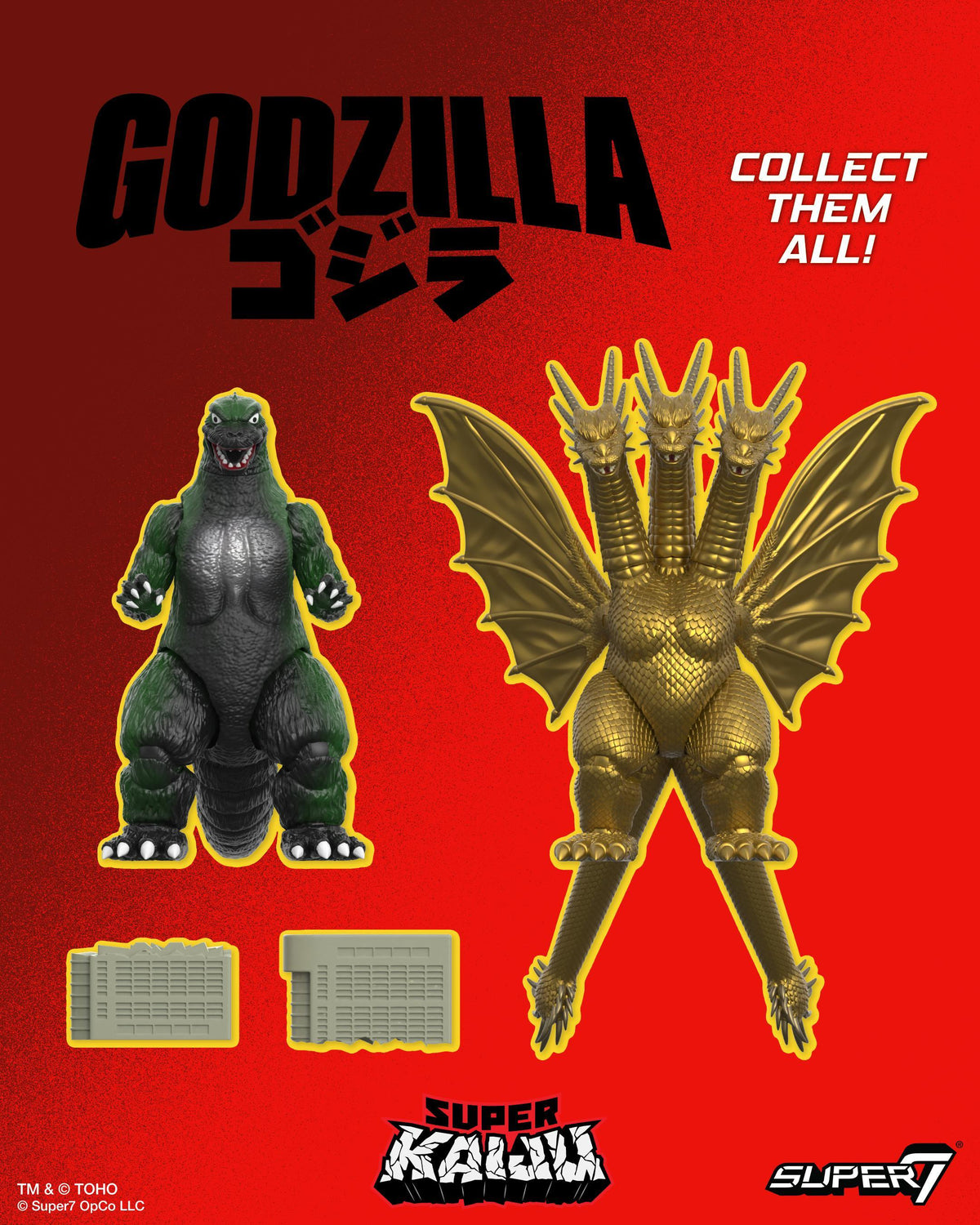 Red promotional backdrop with gold King Ghidorah heads and wings, a green Godzilla figure on the left, and gray bricks at the bottom.