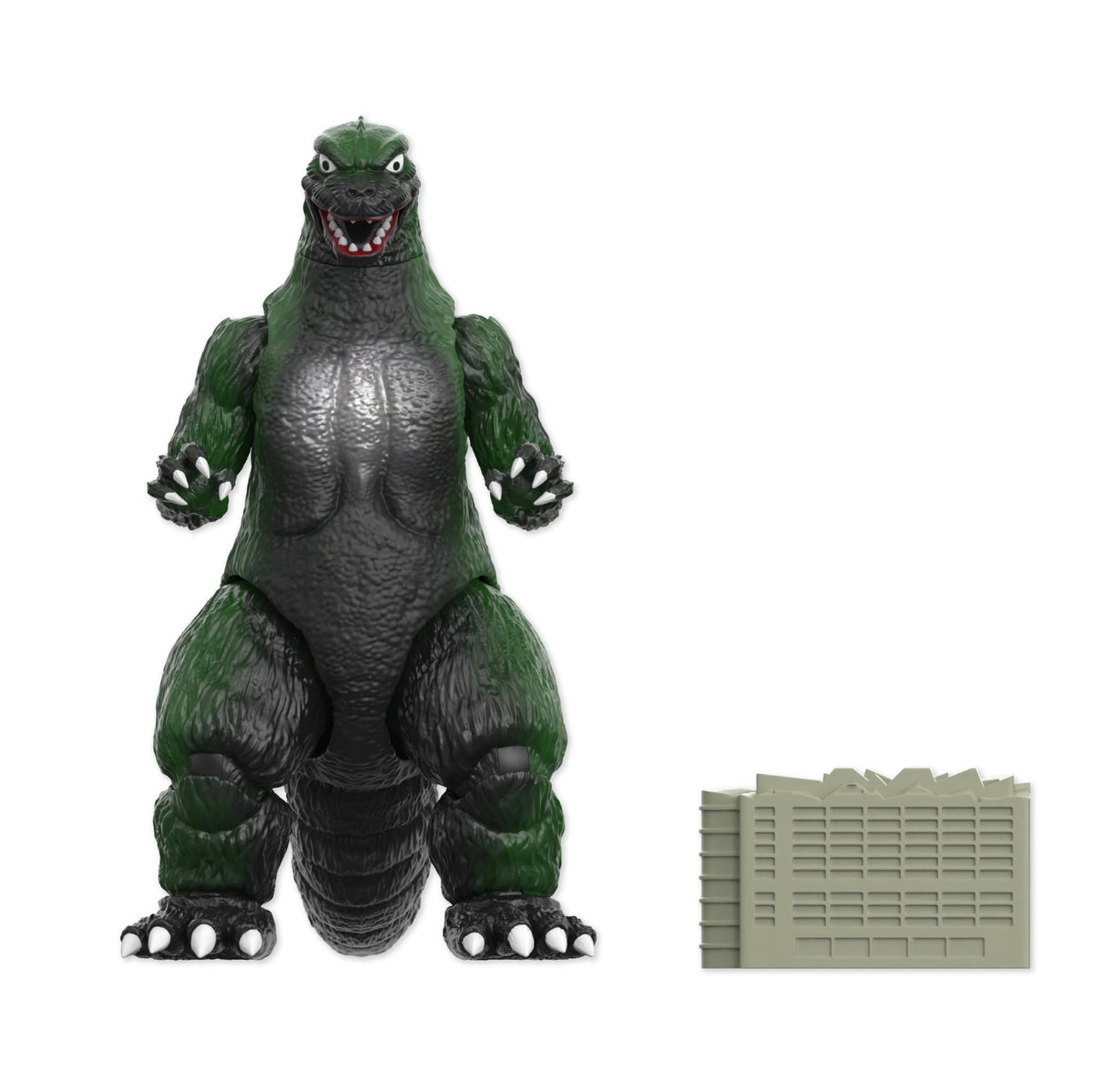 Godzilla figure from Toho Super Kaiju Wave 05 green and gray with a tan crate accessory beside it