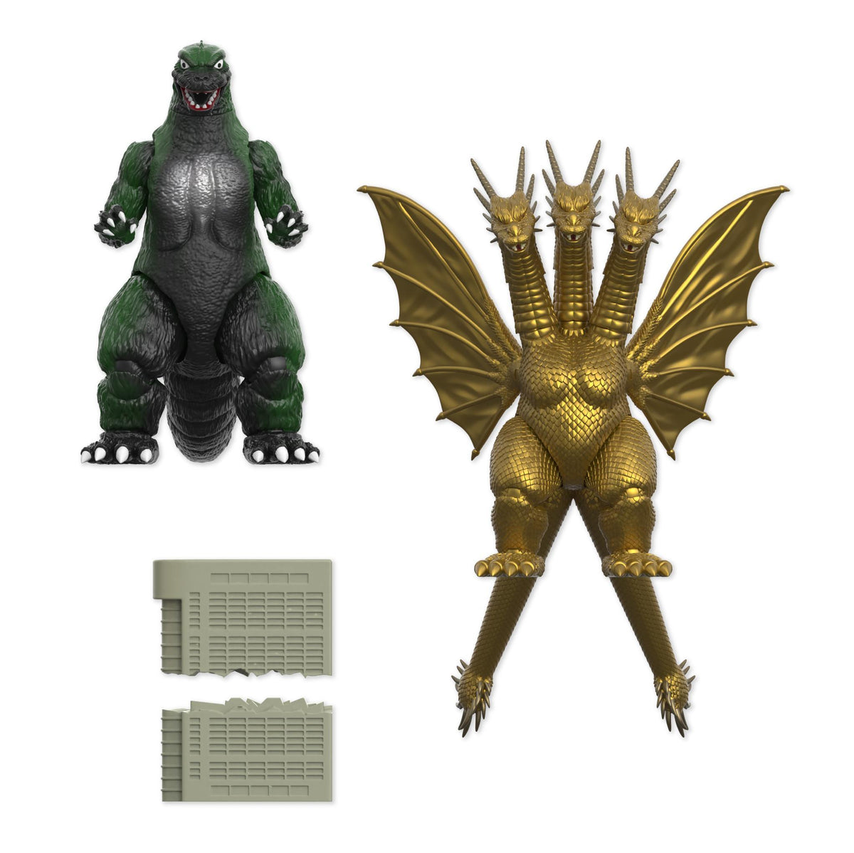 Green Godzilla figure with open mouth beside a gold King Ghidorah with multiple heads and wings, plus gray building blocks on a white background.