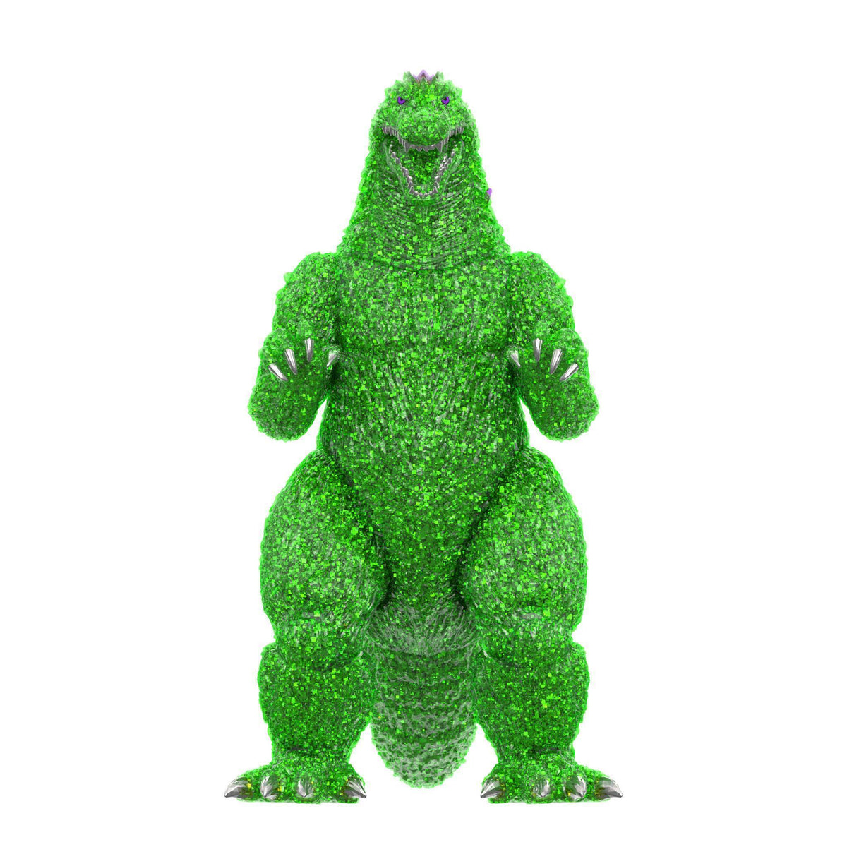 Close up of a glittery green Godzilla 2002 figure with purple dorsal fins against white background