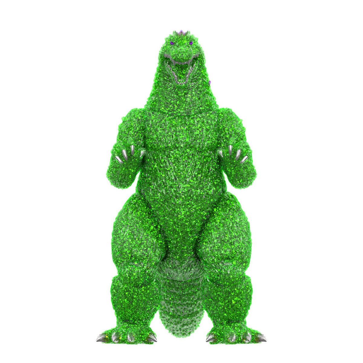 Toho Super Kaiju Godzilla 2002 figure in bright clear green glitter with metallic accents, close up of head and torso