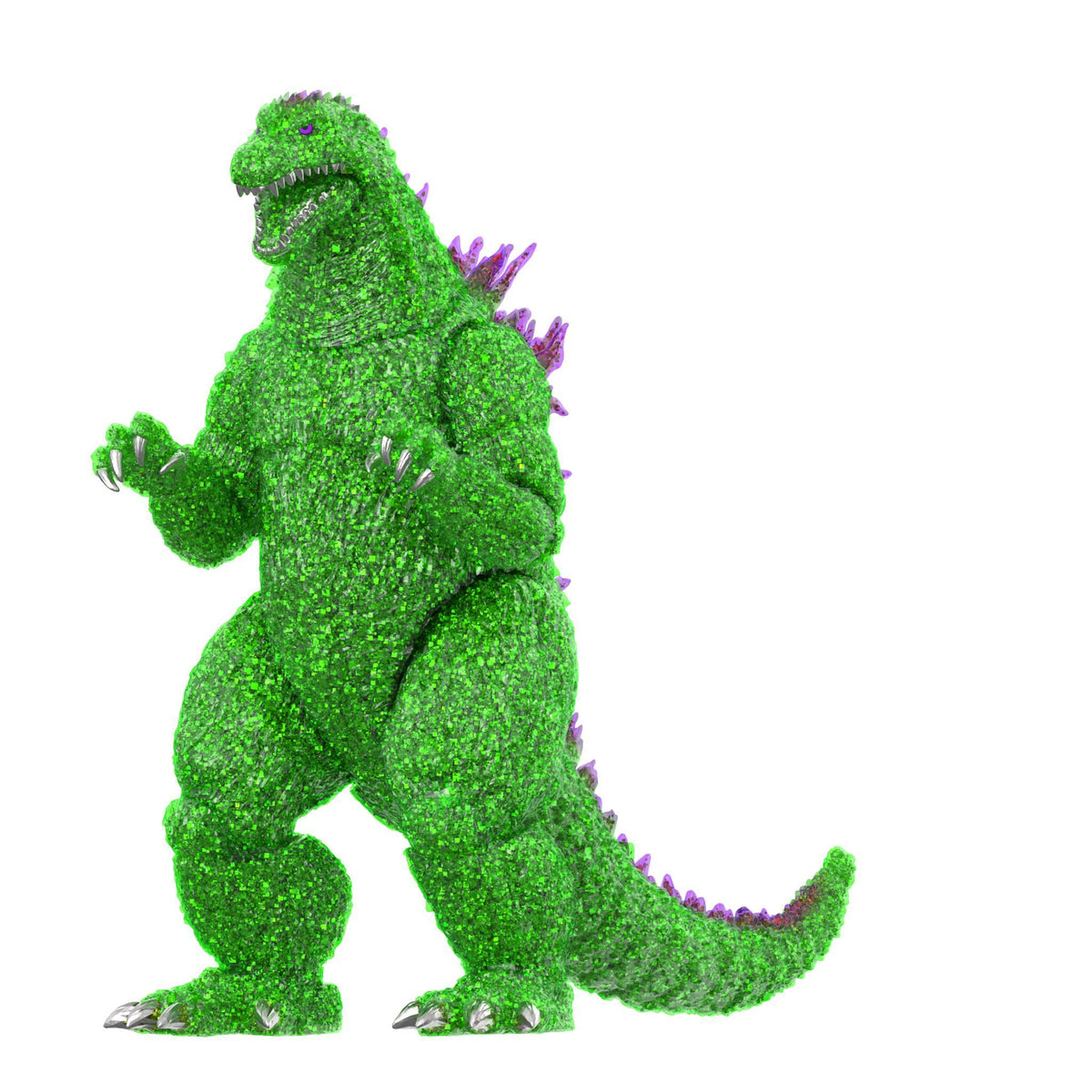 Full view of a glittery green Godzilla 2002 figure showing shimmering scales and silver claws