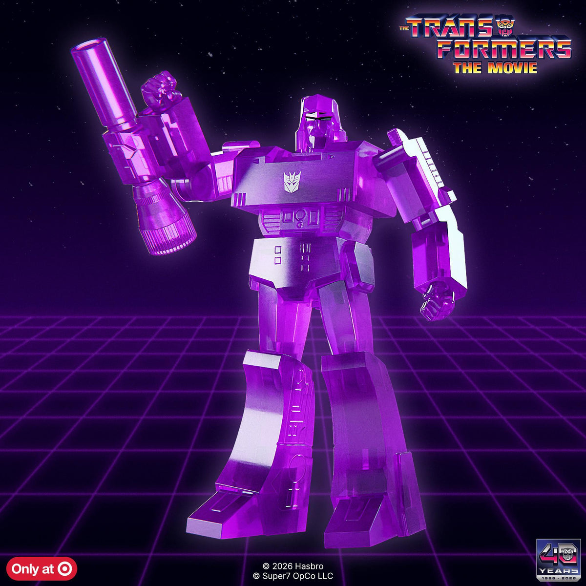 Full-body clear purple Reformatting Megatron figure raising fusion cannon against dark space background with purple grid