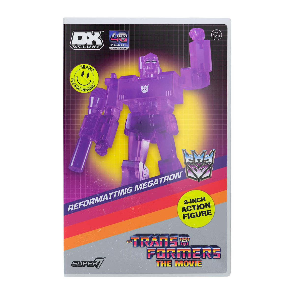 Front view of VHS-style DX Deluxe packaging for Reformatting Megatron 8-inch action figure