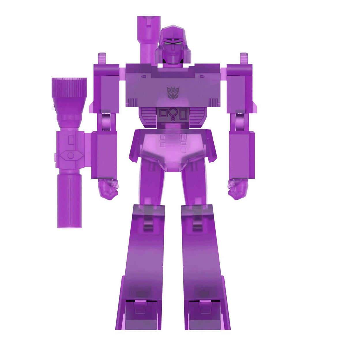 Clear purple Reformatting Megatron figure with fusion cannon accessory on white background
