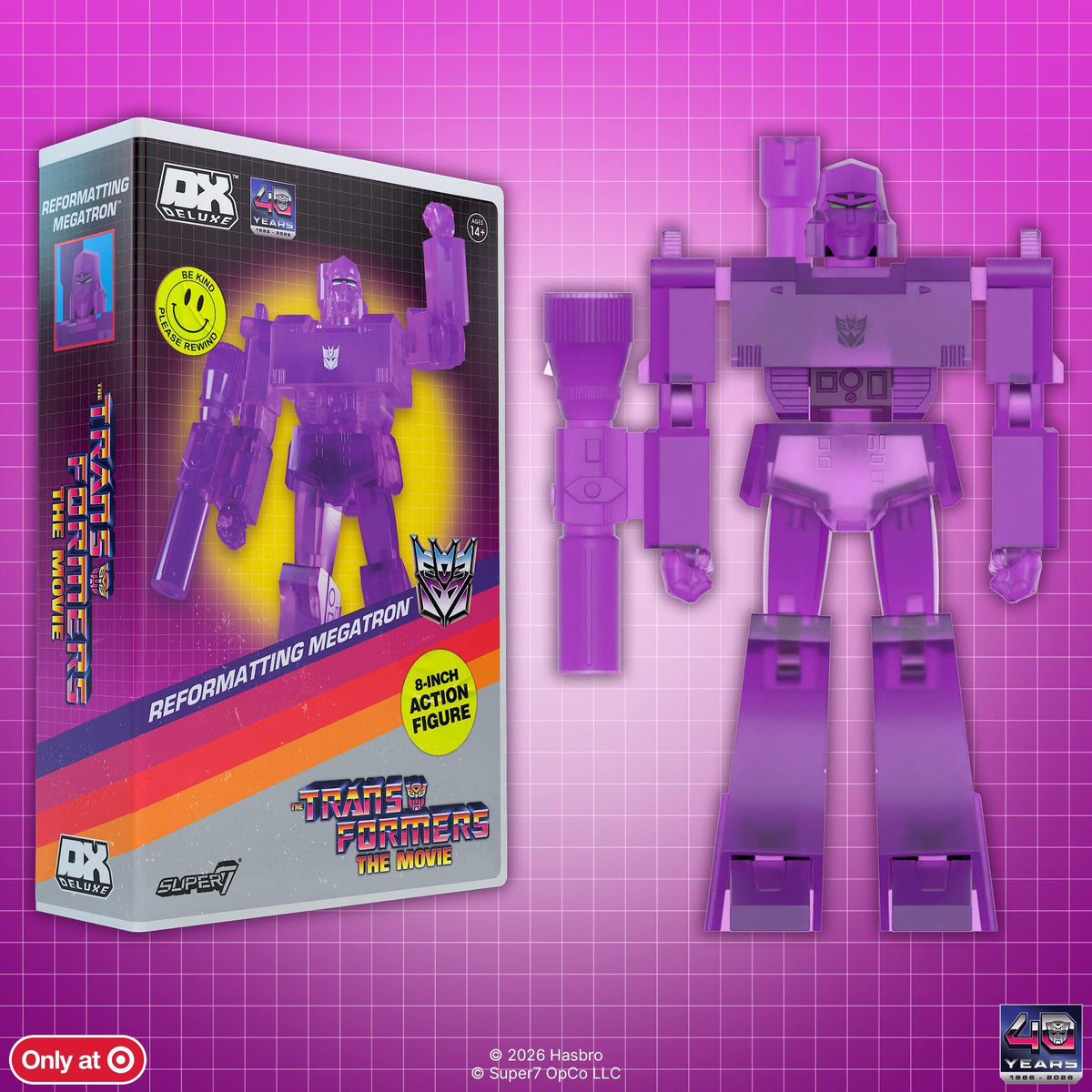VHS-style packaging and clear purple Reformatting Megatron figure on pink grid background