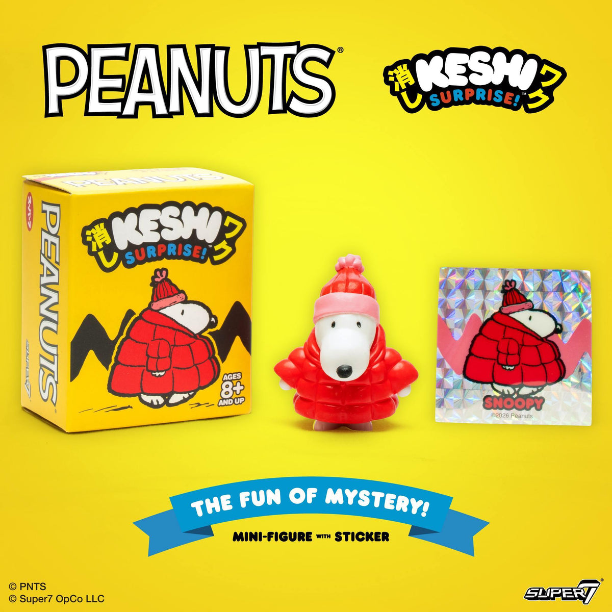 Partial edge view of the yellow Keshi Wave 04 Puffy Coat blind box packaging.