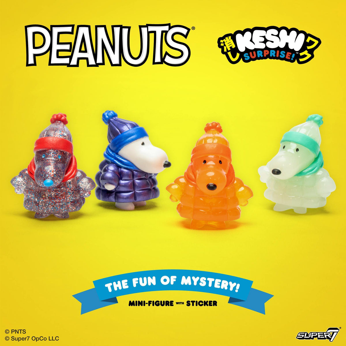 Peanuts Keshi Wave 04 Puffy Coat mini figures in colorful coats against a bright yellow background.