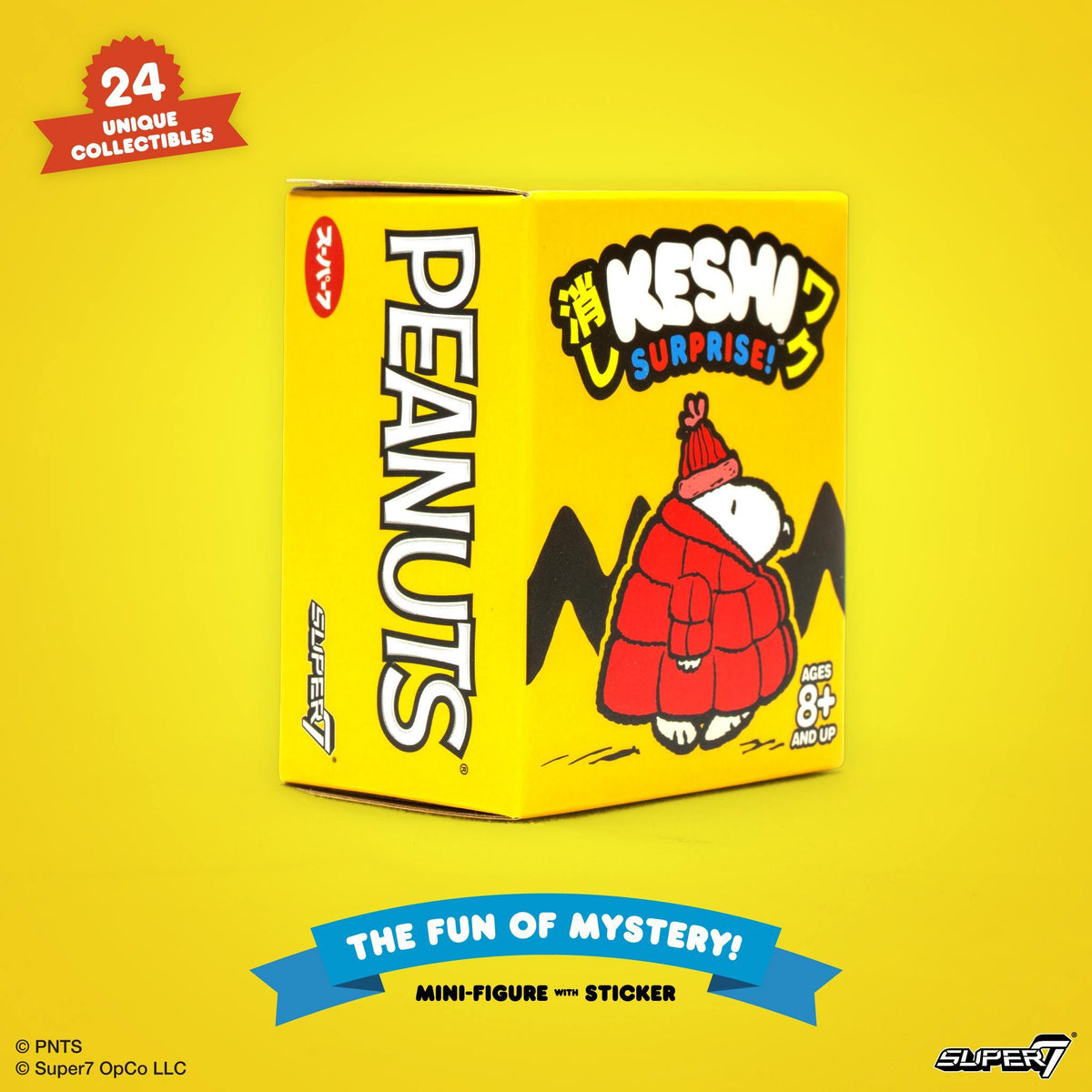 Bright yellow Peanuts Keshi Wave 04 Puffy Coat blind box packaging with 24 unique collectibles badge