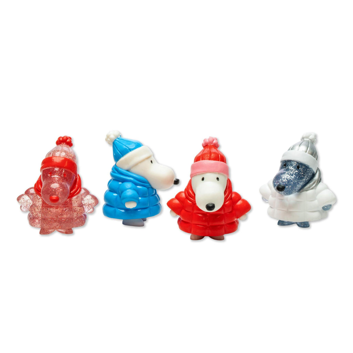 Peanuts Keshi Wave 04 Puffy Coat mini figures in red blue white coats on a white background.