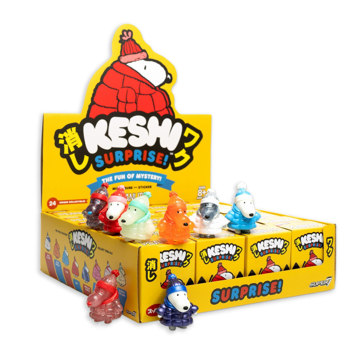 Snoopy in a red puffy coat atop a bright yellow display box