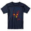Navy blue t-shirt with a graphic of a red and blue alien head with yellow eyes and mouth