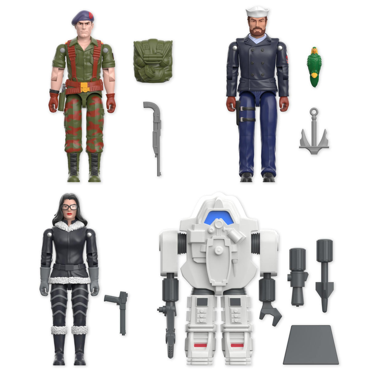 Flint in green uniform with a beret beside Shipwreck in a navy coat and white sailor hat with a parrot accessory
