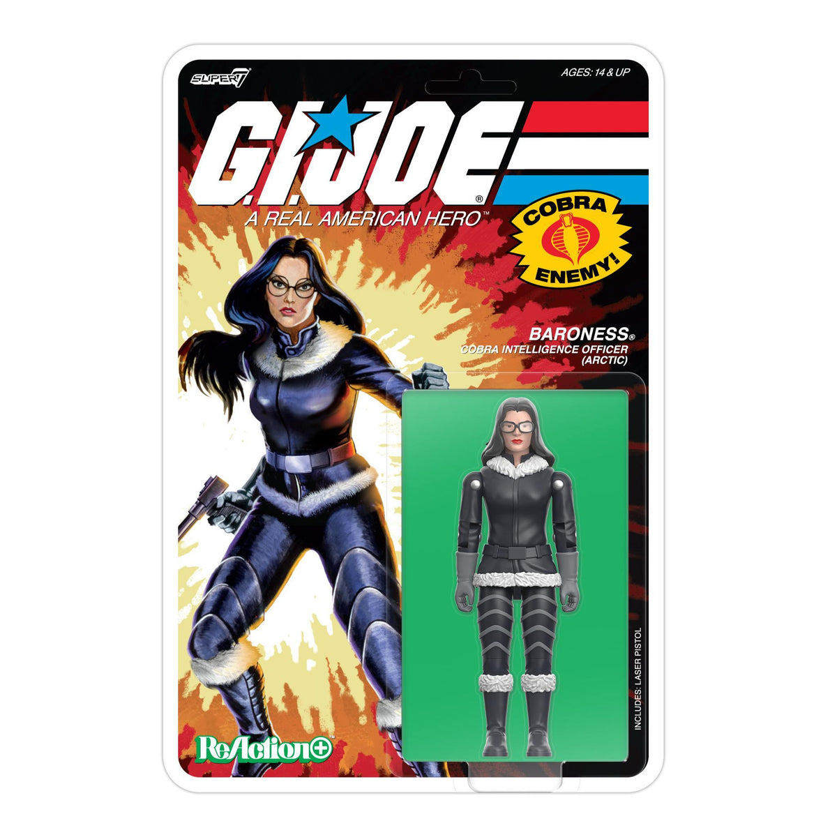 Front of G I JOE ReAction Plus Wave 10 packaging showing Baroness Arctic and Snake Armor with Flint Shipwreck and bold logo