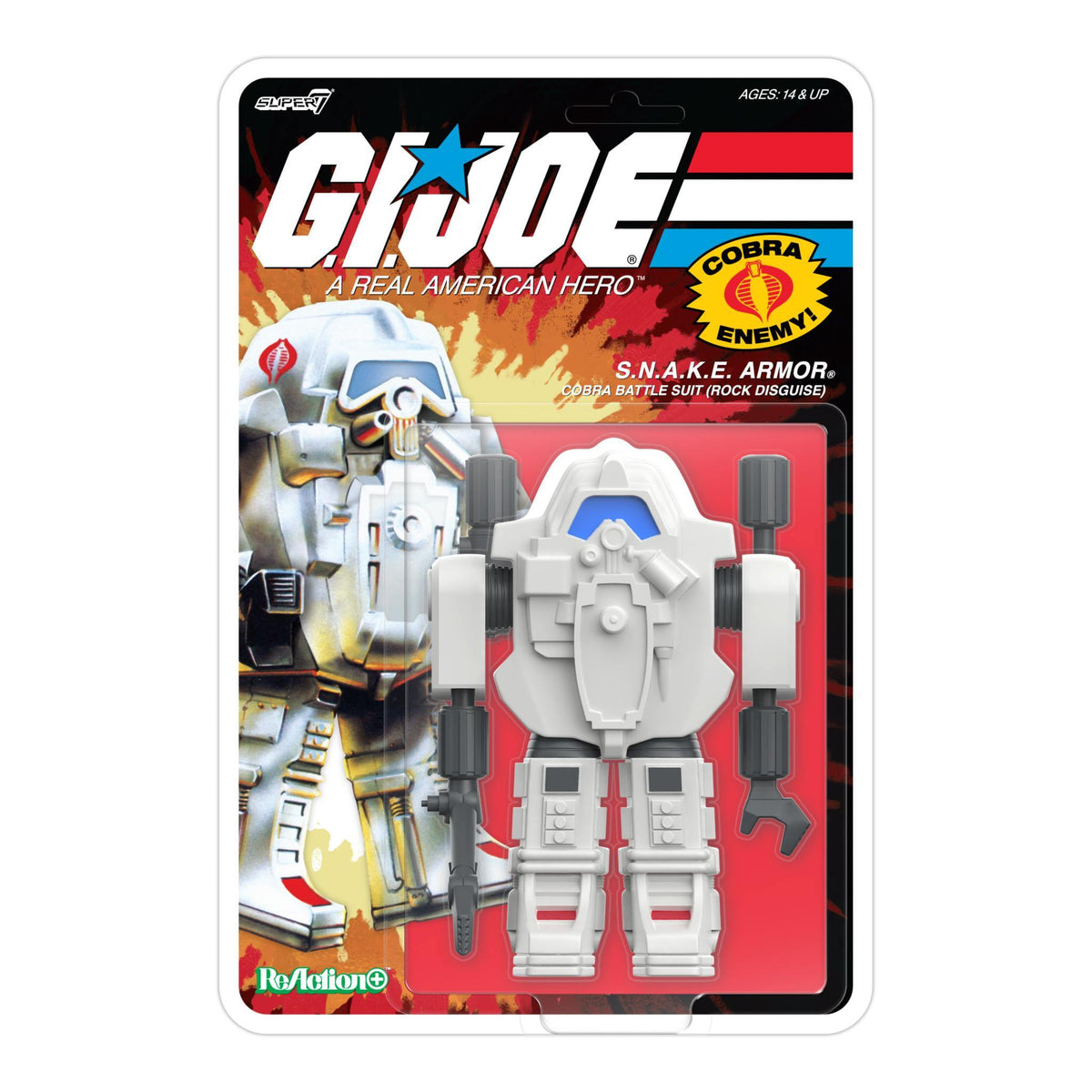 Front of G.I. Joe ReAction+ Wave 10 packaging showing Flint Shipwreck Baroness Arctic and SNAKE Armor figures with Cobra branding