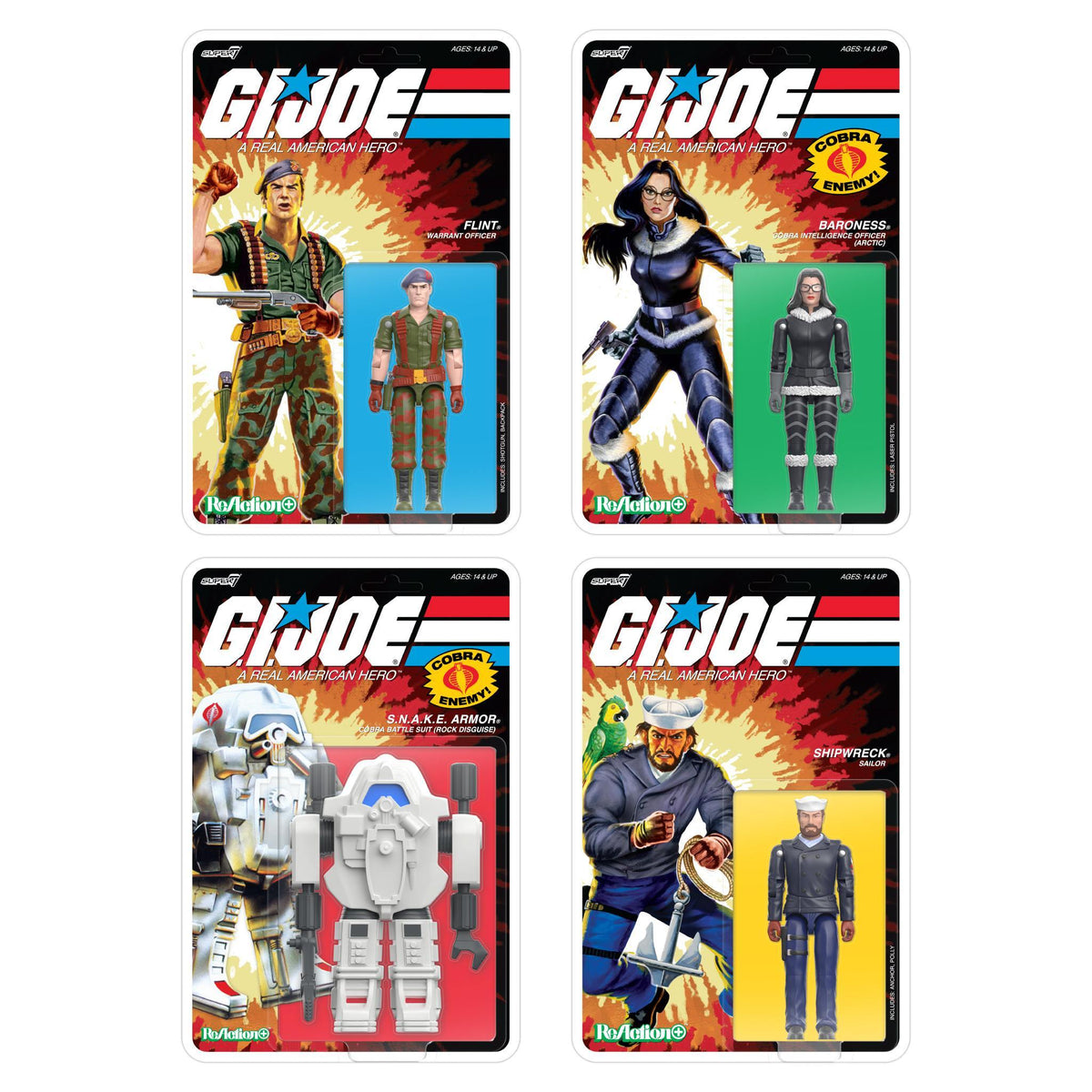 G I Joe ReAction+ Wave 10 card backs showing Flint Baroness Shipwreck and Snake Armor figures