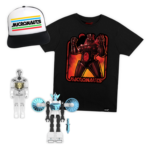 Micronauts ReAction+ Wave 06 Bundle - Time Traveler (Clear), Acroyear, Hat & T-Shirt