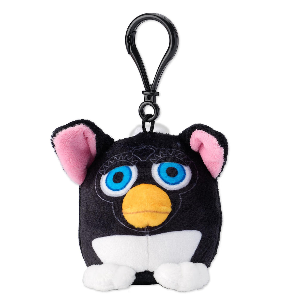 Black hanging clip above a black Furby plush with blue eyes