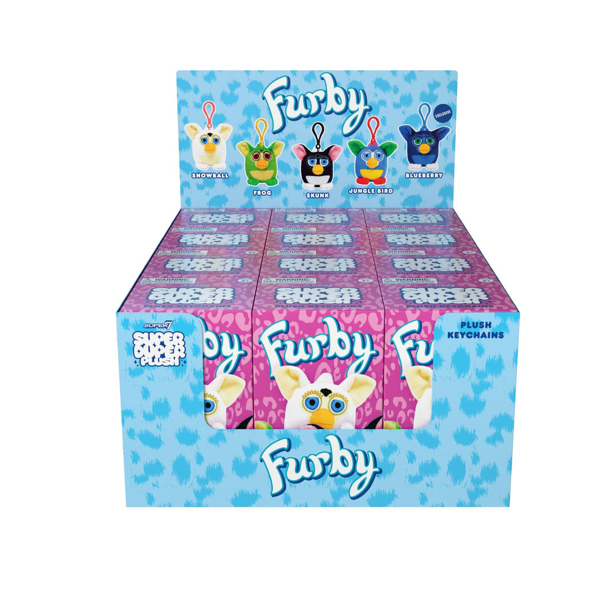 Furby display wall featuring five plush characters Snowball Frog Skunk Jungle Bird and Blackberry