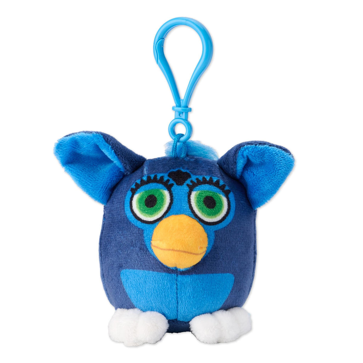 Furby Super Duper Plush blind box flat image with a blue clip and partial blue Furby body.