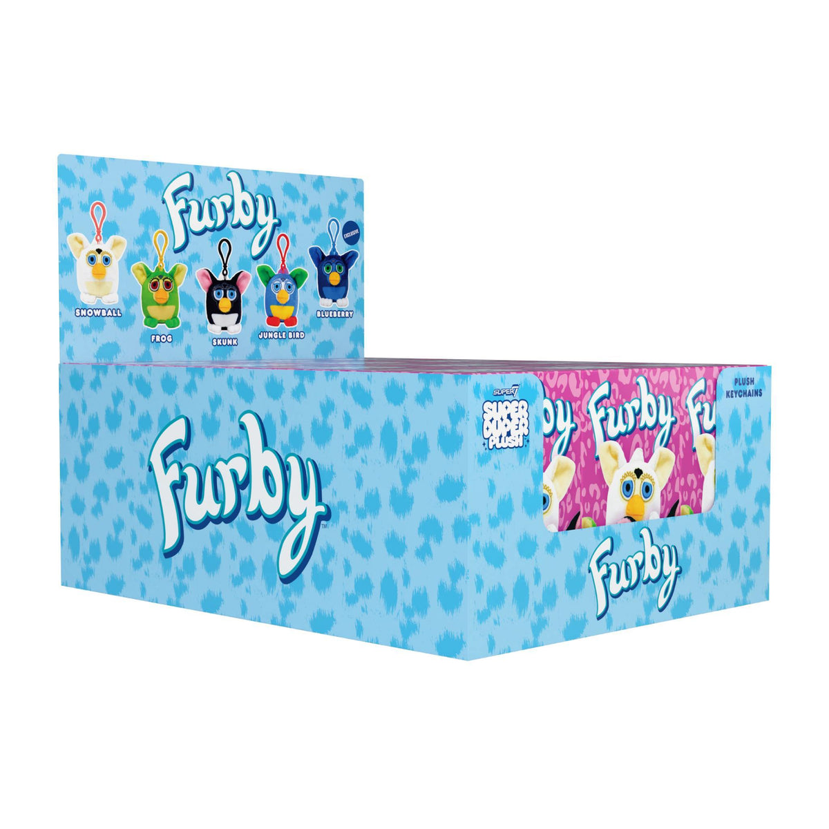 Angled view of Furby display box with blue patterned panel and pink platform base